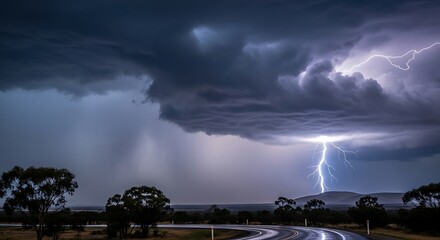 Dramatic lightning strikes illuminate a dark and stormy landscape.