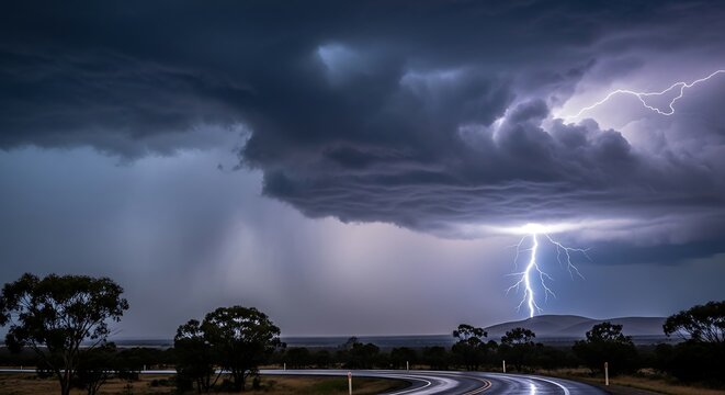 Dramatic lightning strikes illuminate a dark and stormy landscape.