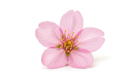 A delicate pink blossom, beautifully detailed, sits against a stark white background.