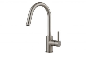 Brushed nickel kitchen faucet with gooseneck spout and single lever handle isolated on transparent background