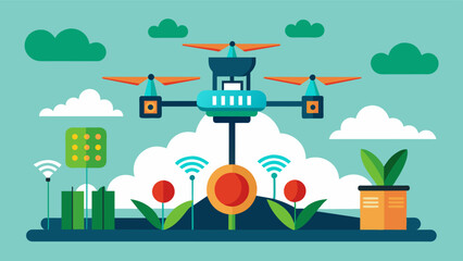Fototapeta premium A smart farming sensor network coordinating with drones and irrigation systems to deliver nutrients at optimal times and locations to maximize crop yields.. Vector illustration