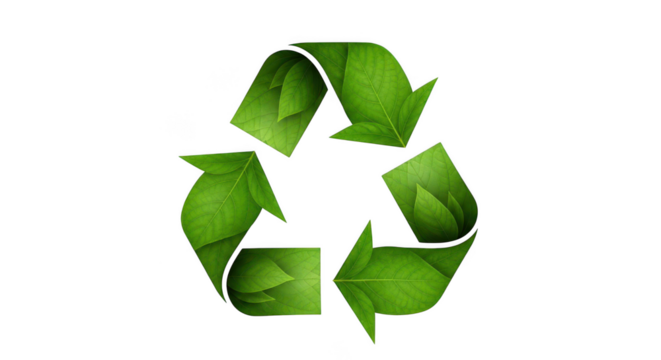 Recycle symbol made of green leaves isolated on transparent background for ecology