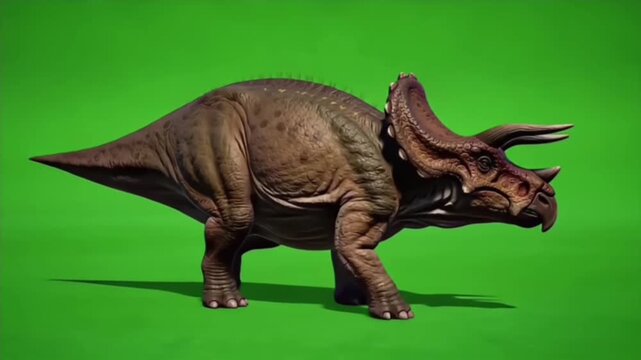 Realistic 3D model of a Triceratops dinosaur standing in profile on a green screen background for easy keying and visual effects