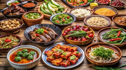 Fototapeta premium Colorful Assortment of Delicious Dishes in Bowls on Wooden Table