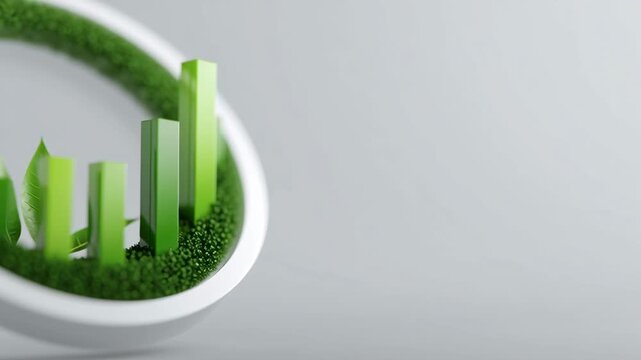 Green bar chart with leaves inside magnifying glass showing climate data using ai technology for sustainable growth and clean