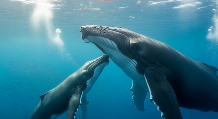 Whale Mother and Calf Underwater.