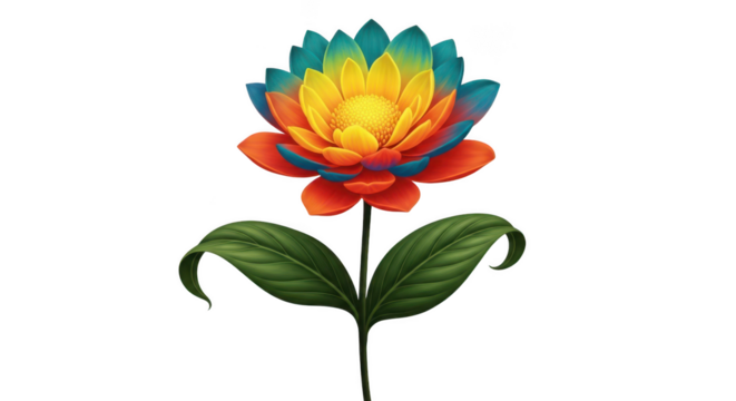 A colorful flower with rainbow petals isolated on transparent background is blooming