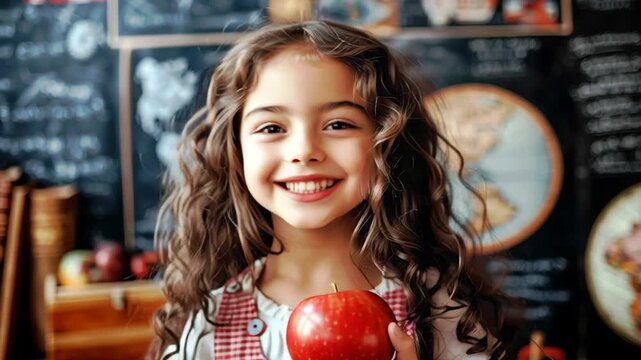 Cheerful girl with curly hair smiles while holding red apple in vibrant classroom filled with educational materials and maps, radiating joy