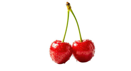 Two ripe red cherries with stems isolated on transparent background, close up view