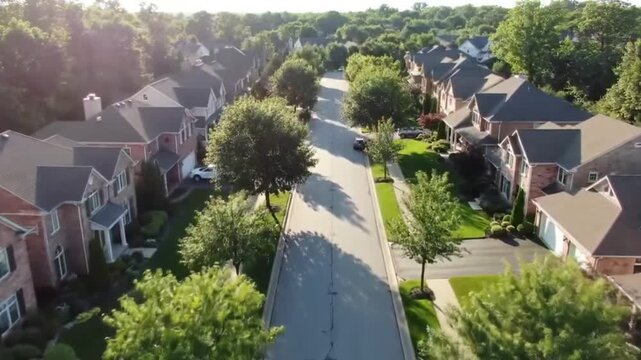 Aerial view of a suburban residential neighborhood in Stockton, California, showcasing rows of single-family homes, streets, and surrounding farmland. Ideal for topics related to urban planning, Calif