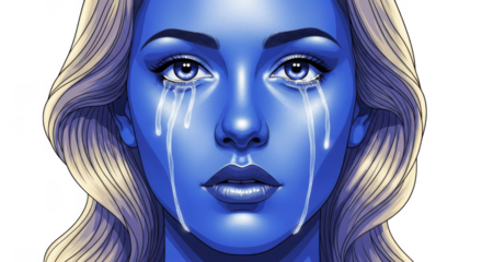 An artistic illustration of a bluefaced woman with blonde hair crying tears, on a transparent background