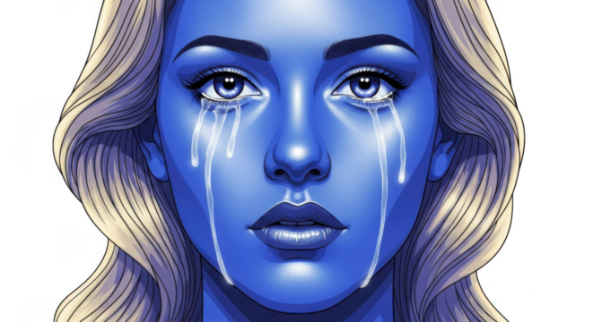 An artistic illustration of a bluefaced woman with blonde hair crying tears, on a transparent background