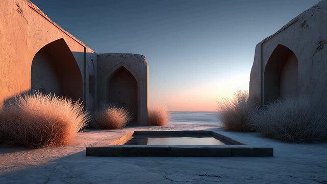 Tranquil Courtyard Pool and Ancient Architecture Under the Sunset