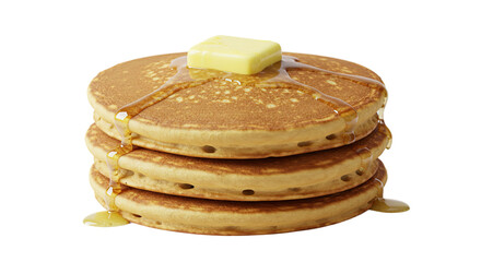 Stack of golden pancakes with melting butter and syrup.