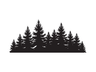 Obraz premium Silhouette of a dense forest of pine trees vector isolated on white background