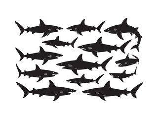Silhouette of multiple sharks swimming together vector isolated on white background