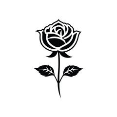 Black rose silhouette showcases floral elegance with leaves over a white background