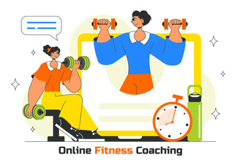 Online Fitness Coaching Illustration Featuring Personal Trainer for Web Training with Virtual Instructor, Workout Plans, Nutrition, and Weight Loss