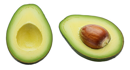 Two halves of a fresh ripe avocado sliced open.
