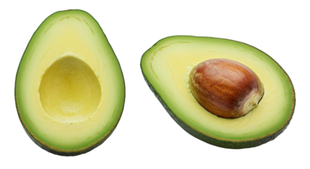 Two halves of a fresh ripe avocado sliced open.