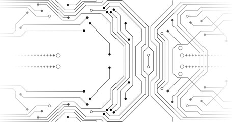 Abstract black and white circuit board pattern with electronic pathways and connection points, representing technology and digital design.
