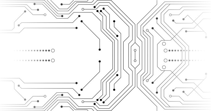 Abstract black and white circuit board pattern with electronic pathways and connection points, representing technology and digital design.