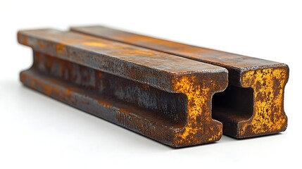 Two Parallel Rusty Steel IBeams Resting on a White Surface, CloseUp Industrial Metal Texture
