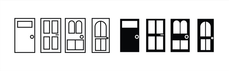 Door icon set. Entrance sign collection. Room symbol. Exit door logo. Closed door web icon. Vector illustration