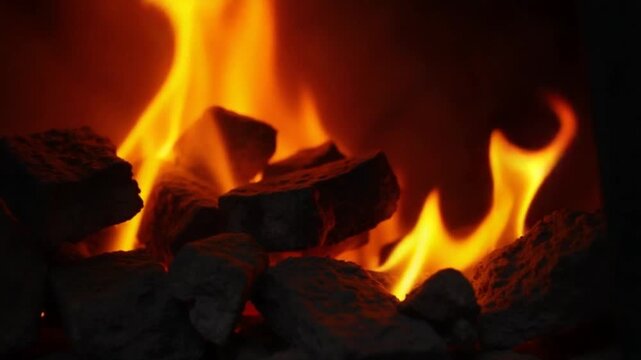 Close-Up Of Bright orange and yellow flames engulf dark charcoal in an enclosed space, creating a dramatic and intense heat.