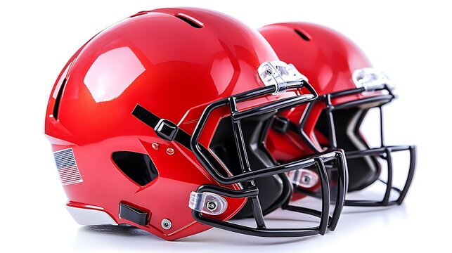 Two Red American Football Helmets with Black Face Mask and USA Flag Sticker - Powered by Adobe