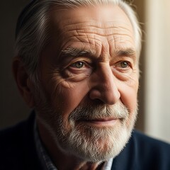 Close-up portrait of a thoughtful senior man, highlighting the intricate details of his face and expression.
