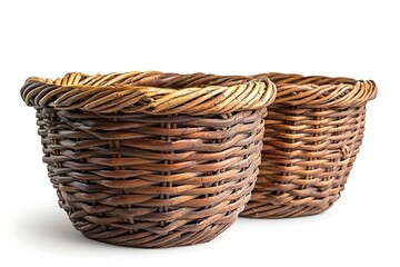Obraz premium Two Round Wicker Baskets Containers Brown Isolated on White Background Rustic Style