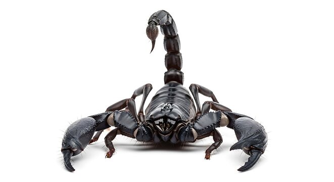 A dark, imposing scorpion stands out against a stark white background, showcasing its formidable anatomy in intricate detail.