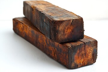 Two Stacked Rustic Wooden Beams with Visible Wood Grain on a White Surface