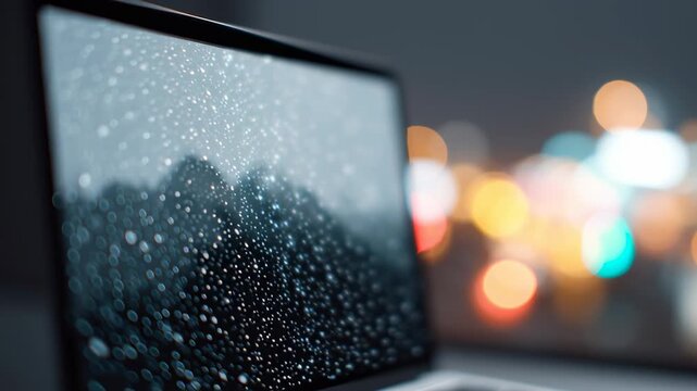 Raindrop patterns on laptop screen with blurred city lights showcasing climate effects and advanced technology using AI innovation