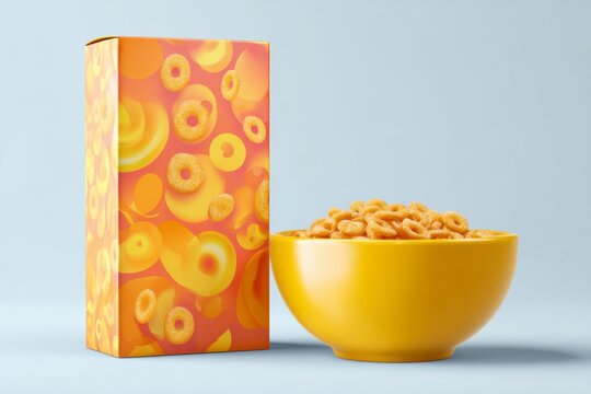 Vibrant Breakfast Cereal Box with Bowl of Crunchy Rings