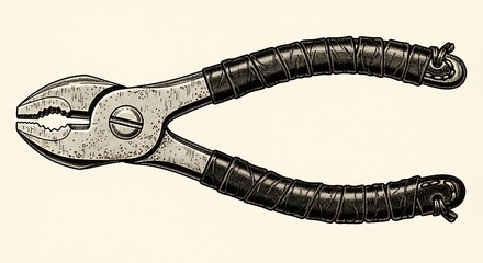 Detailed illustration of a vintage adjustable pliers with textured leather-wrapped handles, showcasing intricate shading and linework.