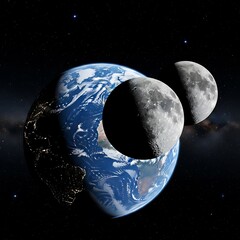 A celestial view showcasing Earth with two phases of the moon in dark space.