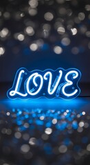 A vibrant, romantic neon sign spelling out the word "love" in glowing blue light, set against a backdrop of softly blurred, shimmering silver bokeh.