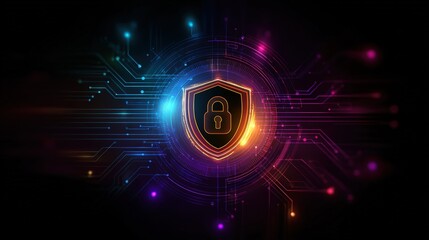 Futuristic Digital Background with Shield Lock Icon and Glowing Circuit Lines Illustrating Cybersecurity Concept