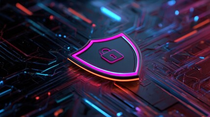 Colorful Digital Shield with Lock Symbol Representing Cybersecurity and Data Protection in Fluctuating Background
