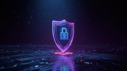Futuristic Cybersecurity Shield Icon in Neon Colors on Dark Background with Digital Circuit Patterns