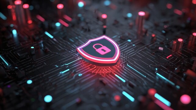 Digital security shield with padlock symbol on futuristic abstract circuit background illuminated by neon lights