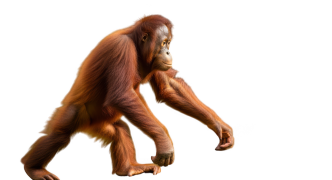 Orangutan walking isolated on transparent background, primate animal wildlife