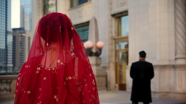 First look on Asian wedding. Red color wedding dress is the traditional Indian clothes, Elements of hindu wedding. 