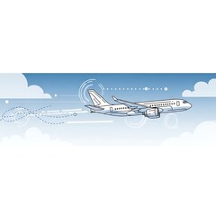 A stylized, light-blue-toned illustration depicts a jet plane soaring through a pale-blue sky dotted with soft, stylized clouds.