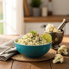A vibrant bowl of couscous, adorned with fresh cilantro and spices, sits on a wooden surface, illuminated by natural light.