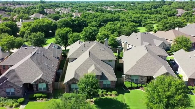 Aerial view of a suburban residential neighborhood in Stockton, California, showcasing rows of single-family homes, streets, and surrounding farmland. Ideal for topics related to urban planning, Calif
