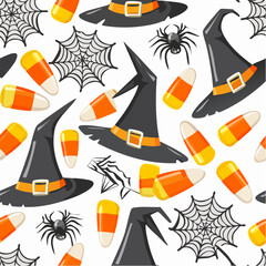 Seamless Halloween Pattern Featuring Witch Hats, Spiderwebs, and Candy Corn for Festive Decorations and Designs