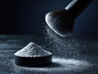 Cosmetics still life A makeup brush dusting powder from a small black container against a dark background with soft lighting